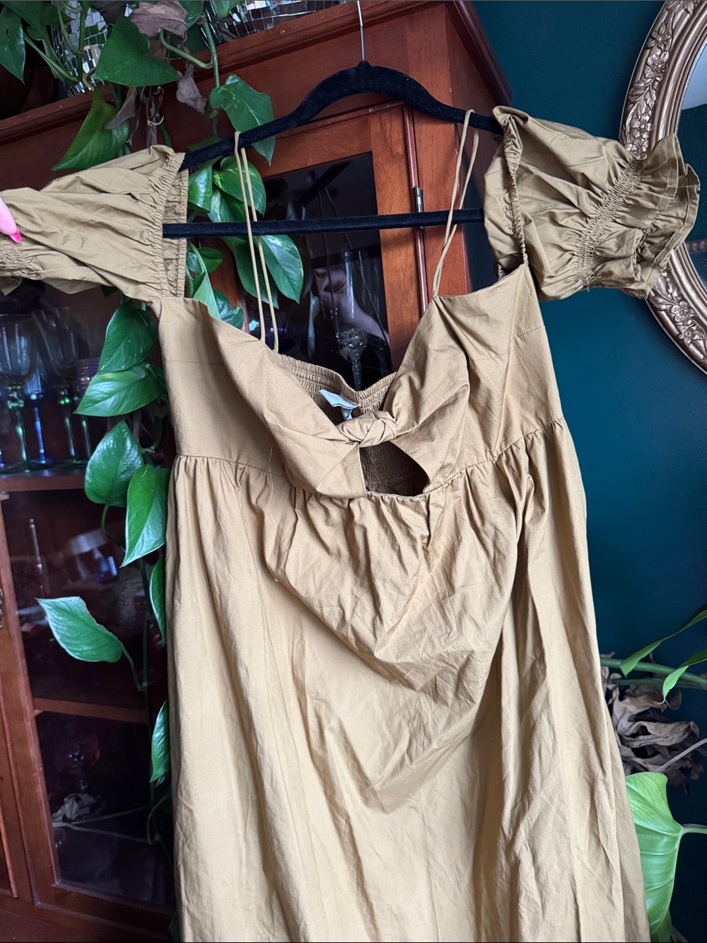 a new day Tan Puff-Sleeve Midi Dress with Front Cutout